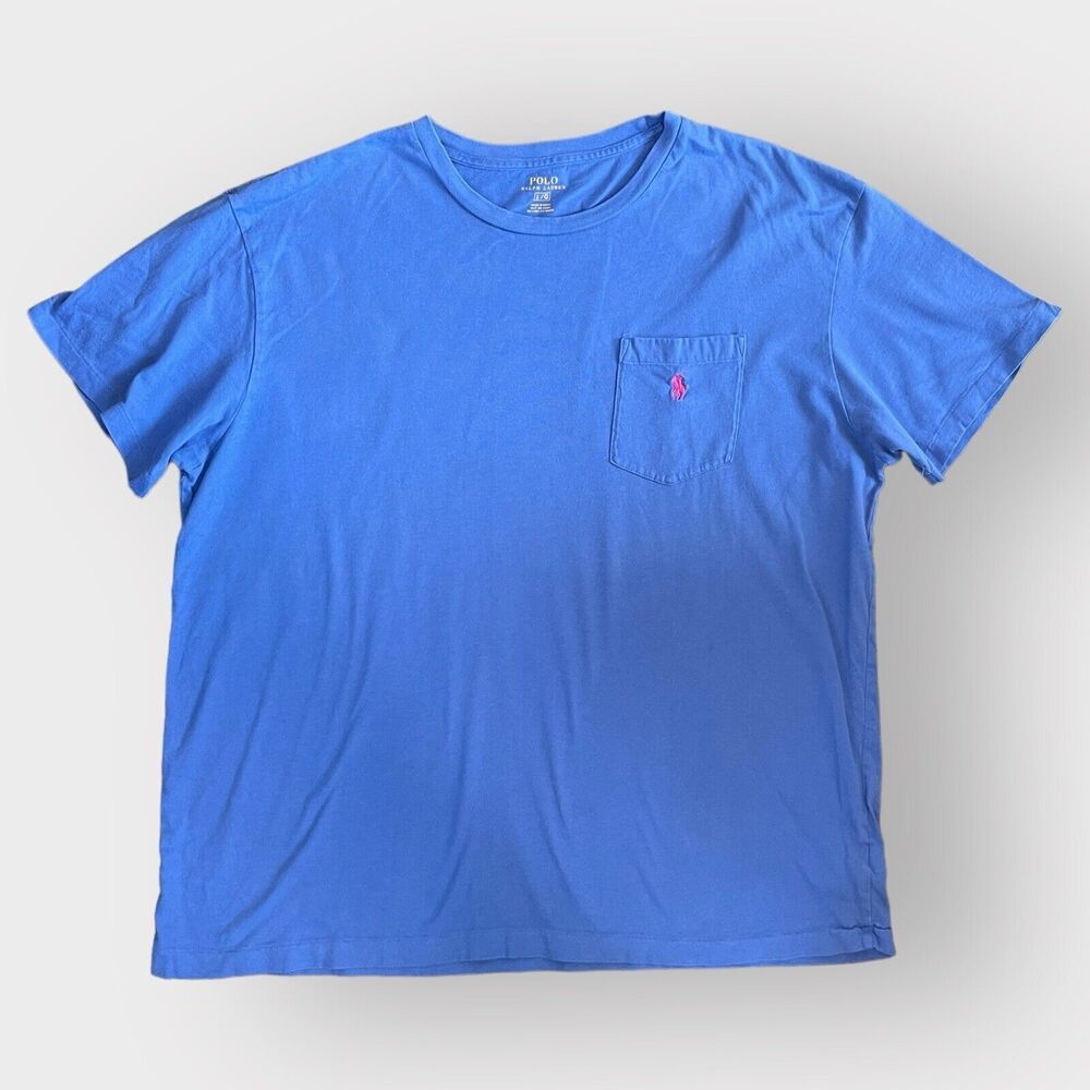 Vintage POLO Ralph Lauren Blue Violet T-Shirt Pink Pony Single Stitch LARGE